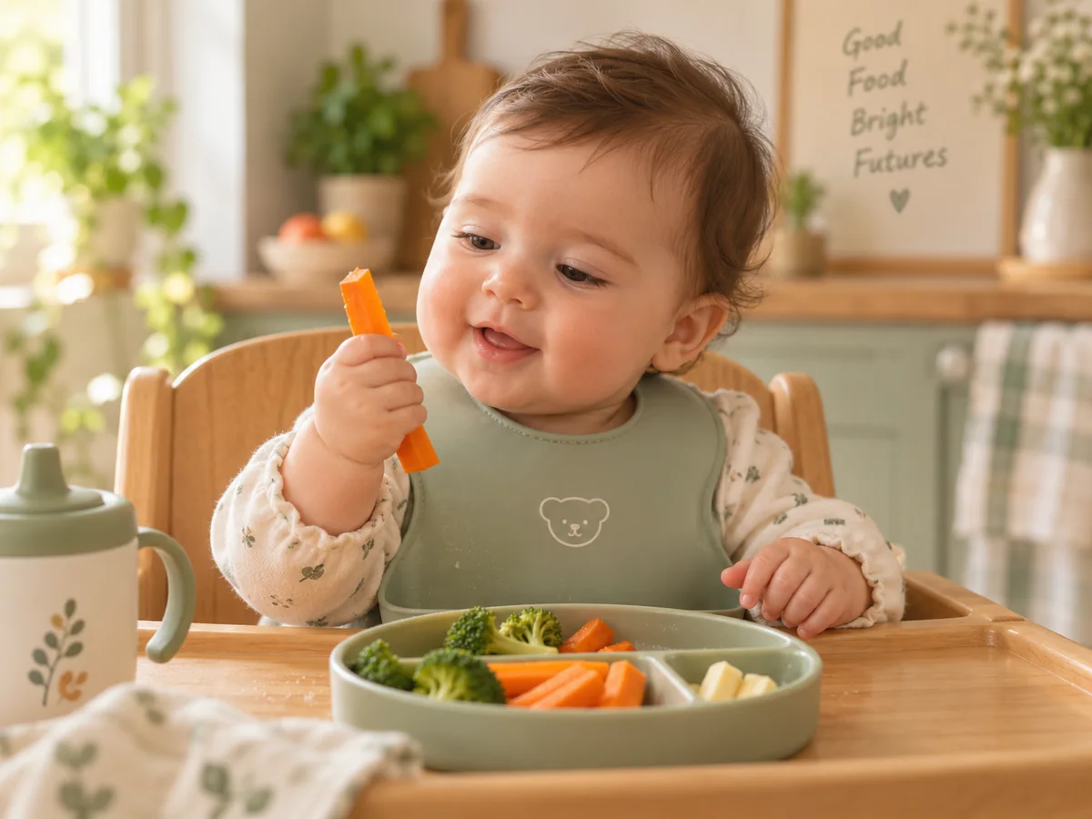 Foshnjë e ulur drejt në karrige ushqimi duke mbajtur vetë një copë karrote gjatë BLW