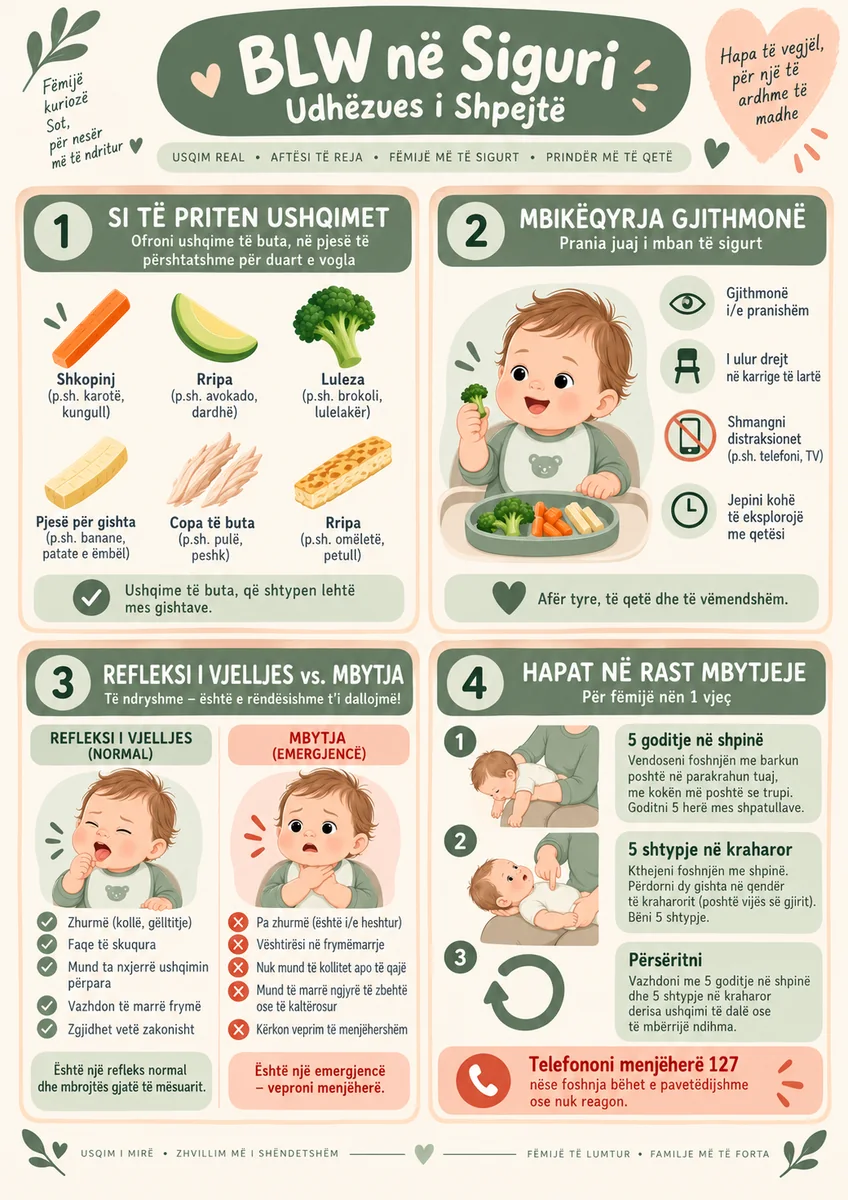 Infografikë për sigurinë e BLW-së: tregon forma të sigurta ushqimi, mbikëqyrje të vazhdueshme, shenjat e refleksit GAG kundrejt mbytjes dhe ndihmën për foshnjat nën 1 vjeç: 5 goditje në shpinë, 5 shtytje në kraharor, përsëritje dhe telefonimin në numrin 127 kur foshnja humb ndjenjat